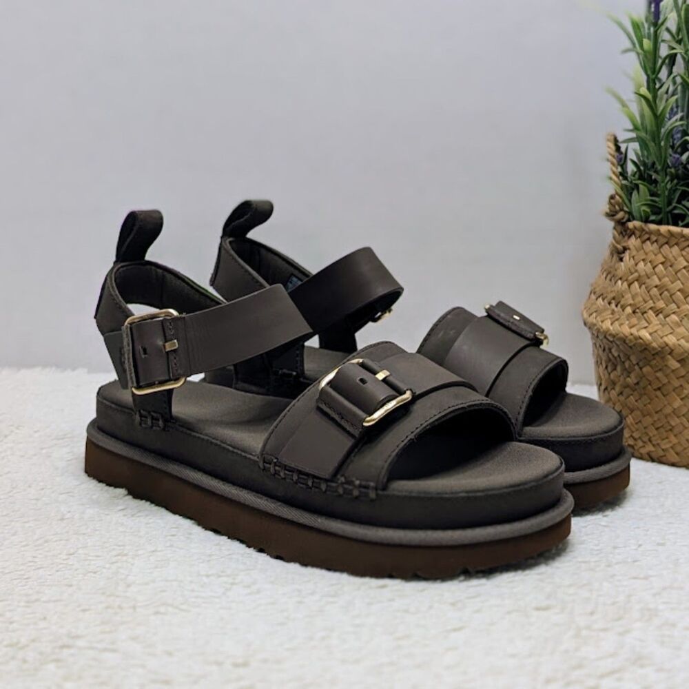 UGG Goldenstar Villa Molasses Brown Leather Adjustable Strap Sandals Size 10 NWT